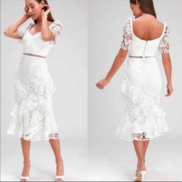 Lulu's Dresses & Skirts - Lulu’s Briarwood White Lace Ruffled Midi Dress Size Large NWT